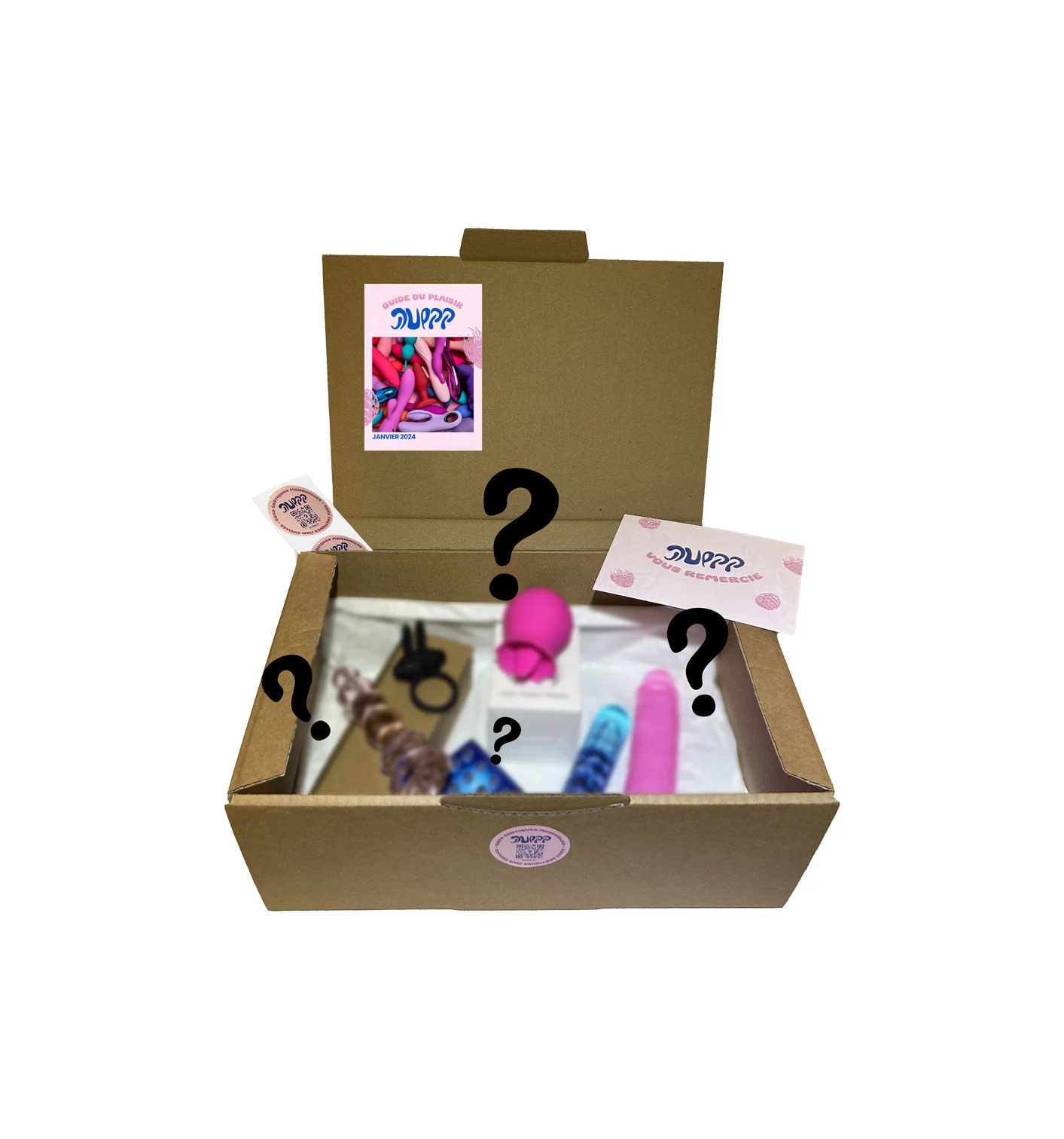 Box mensuelle couple Pulpp ouverte avec produits plaisir pour duo